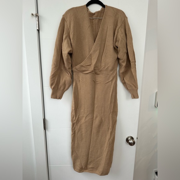 SHEIN Dresses & Skirts - SHEIN Tan Wrap-Front Long Sleeve Knit Midi Dress